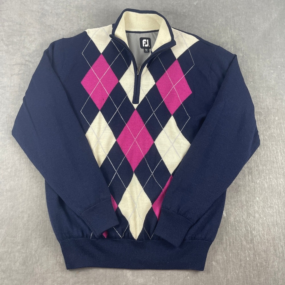 FootJoy Men L Navy Blue Argyle Quarter Zip Lined Golf Pullover Sweater